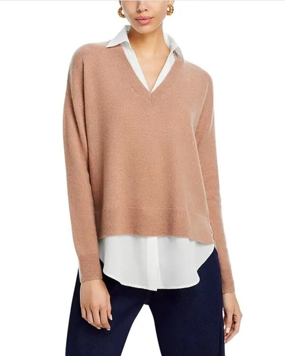 Bloomingdale's Women Camel/White Knit Cashmere Layered Look Sweater Size S